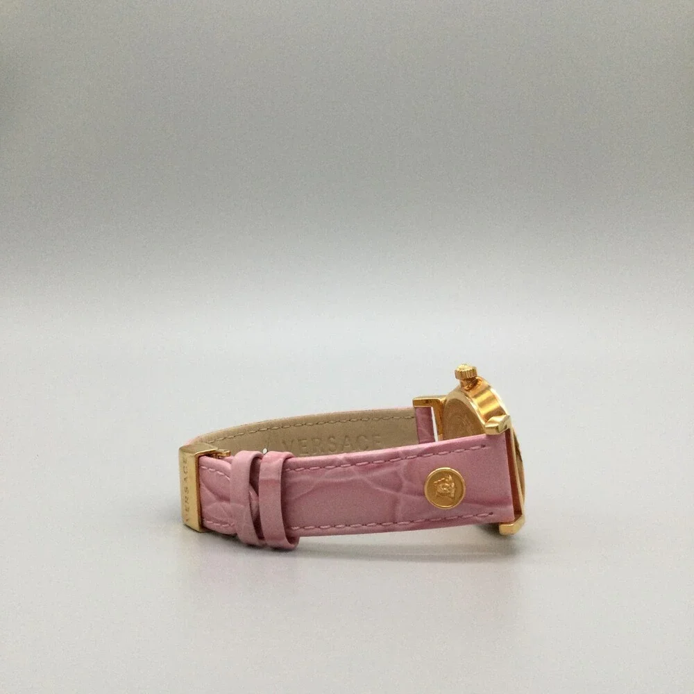 Versace Womens Watch 35mm Pink Dial Gold Tone Leather Swiss Medusa New Battery
